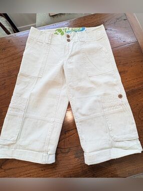 Roxy Cotton/Linen Cargo Capri Pants Shorts Cream Surfer Y2K Low Rise Sz 3/4
